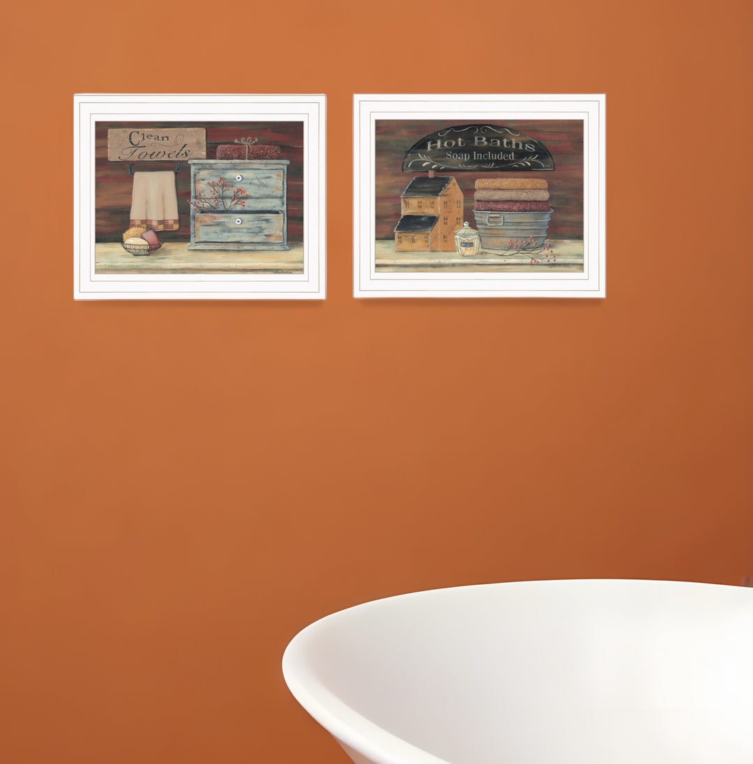 Set Of Two Hot Bath or Clean Towels 1 White Framed Print Bathroom Wall Art