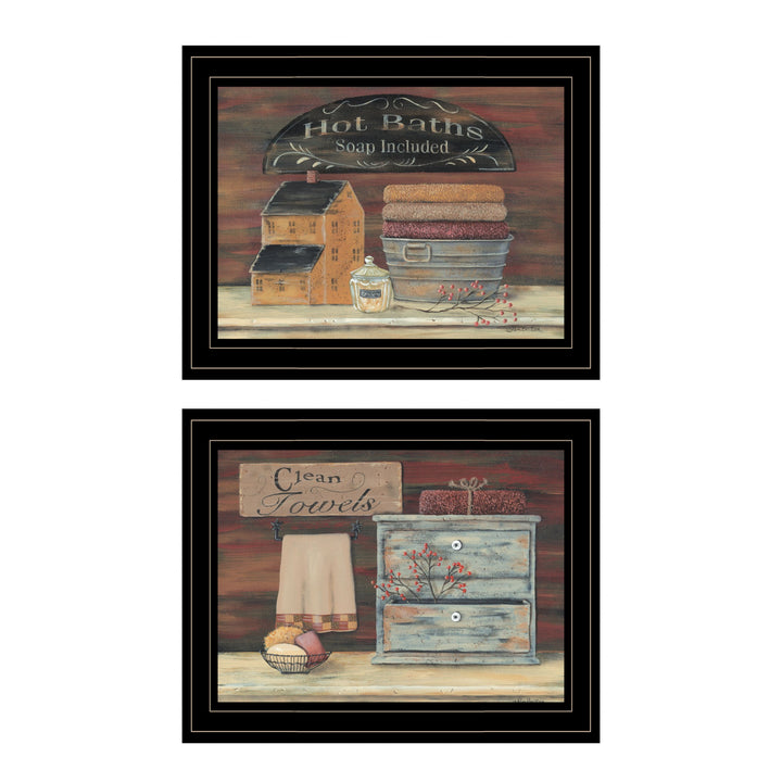 Set Of Two Hot Bath or Clean Towels 2 Black Framed Print Bathroom Wall Art