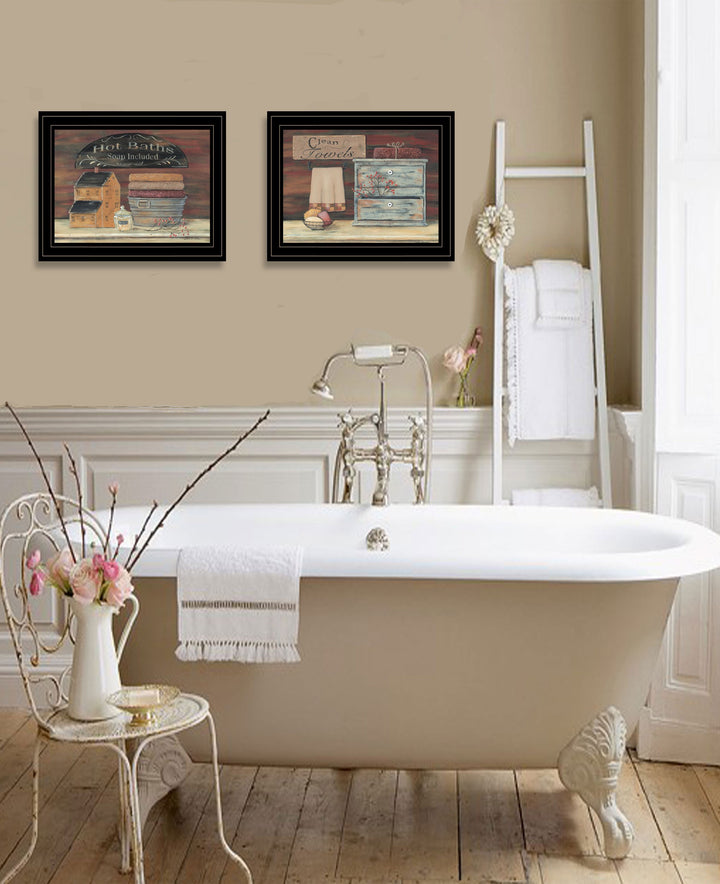 Set Of Two Hot Bath or Clean Towels 2 Black Framed Print Bathroom Wall Art