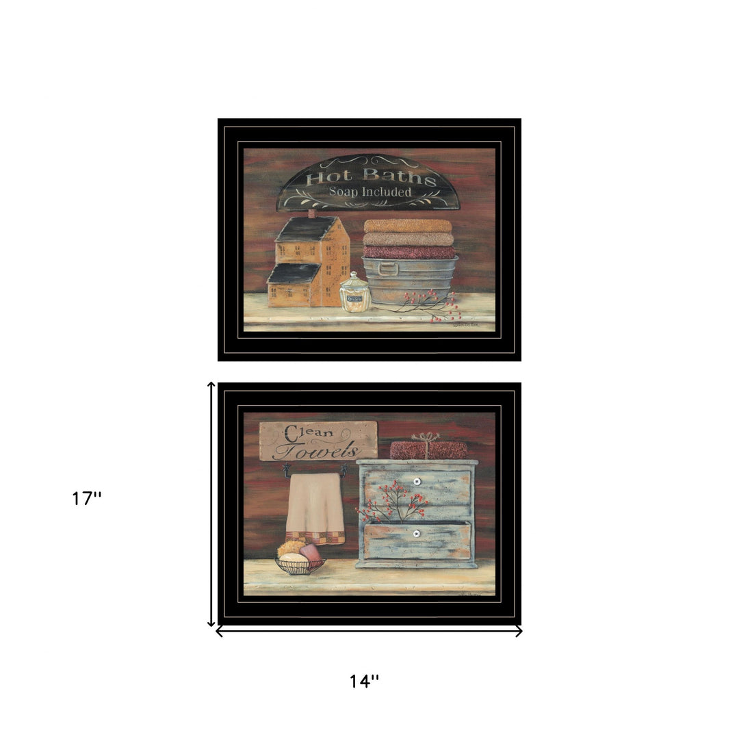 Set Of Two Hot Bath or Clean Towels 2 Black Framed Print Bathroom Wall Art