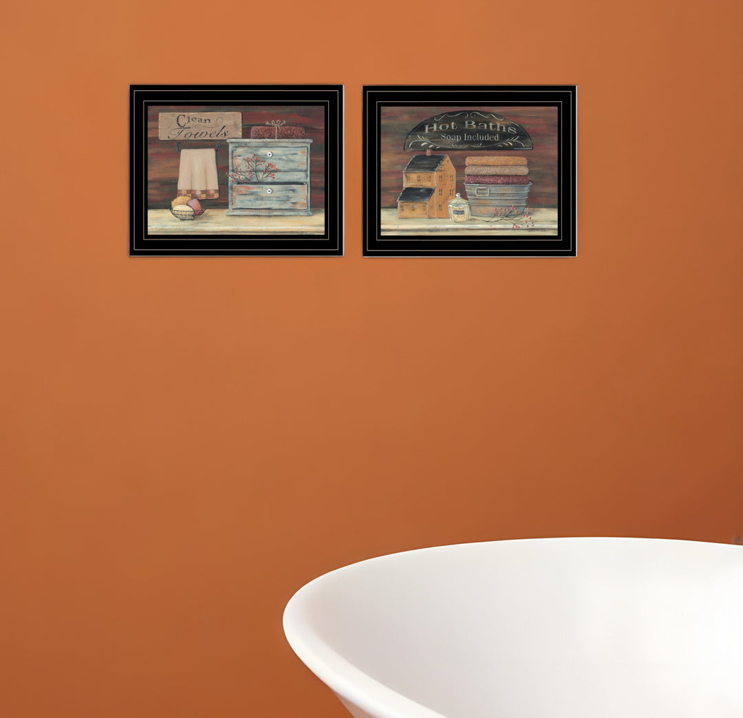 Set Of Two Hot Bath or Clean Towels 2 Black Framed Print Bathroom Wall Art