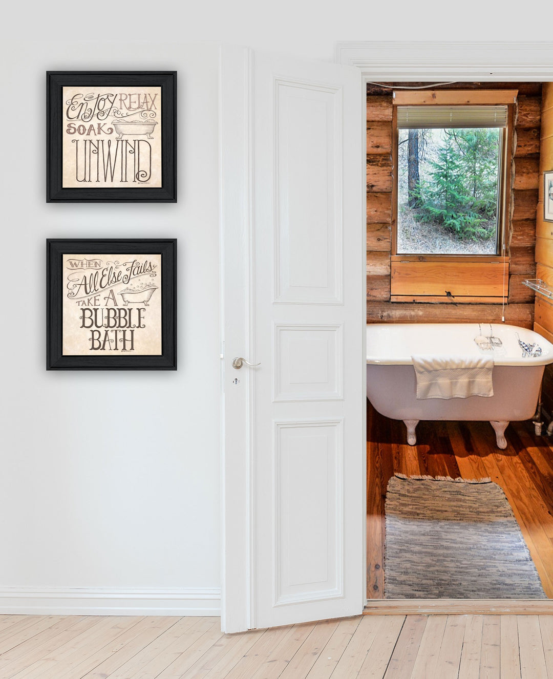 Set Of Two Soak and Unwind 1 Black Framed Print Bathroom Wall Art