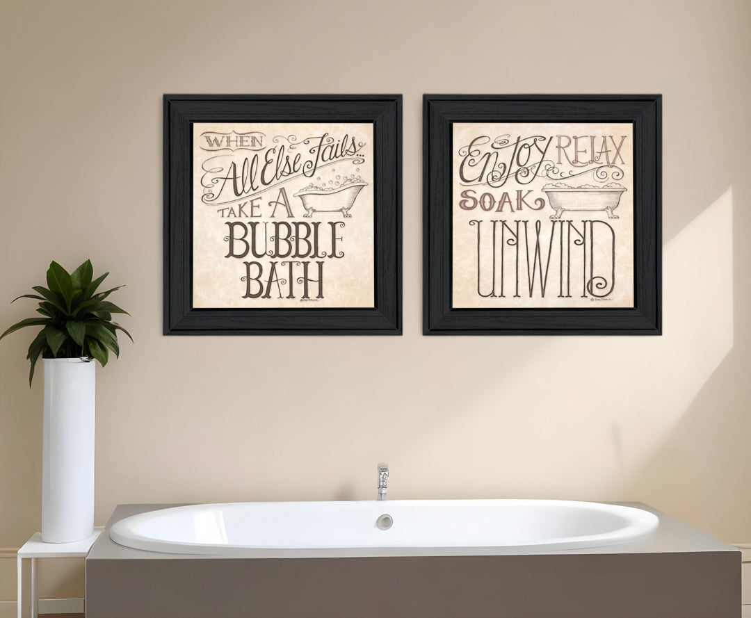 Set Of Two Soak and Unwind 1 Black Framed Print Bathroom Wall Art