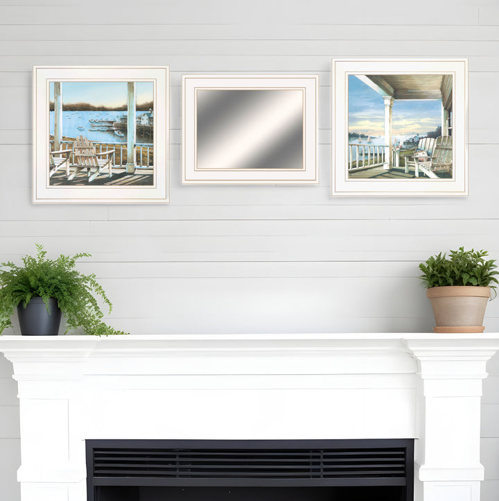 Set Of Three Lake Side White Framed Wall Art With Mirror