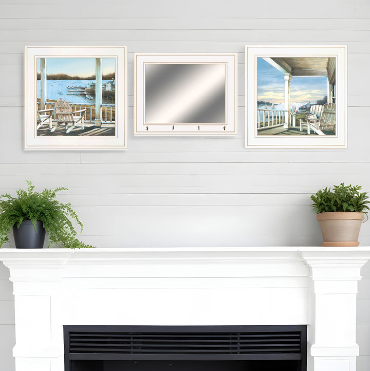 Set Of Three Lake Side White Framed Wall Art With Mirror And Hooks