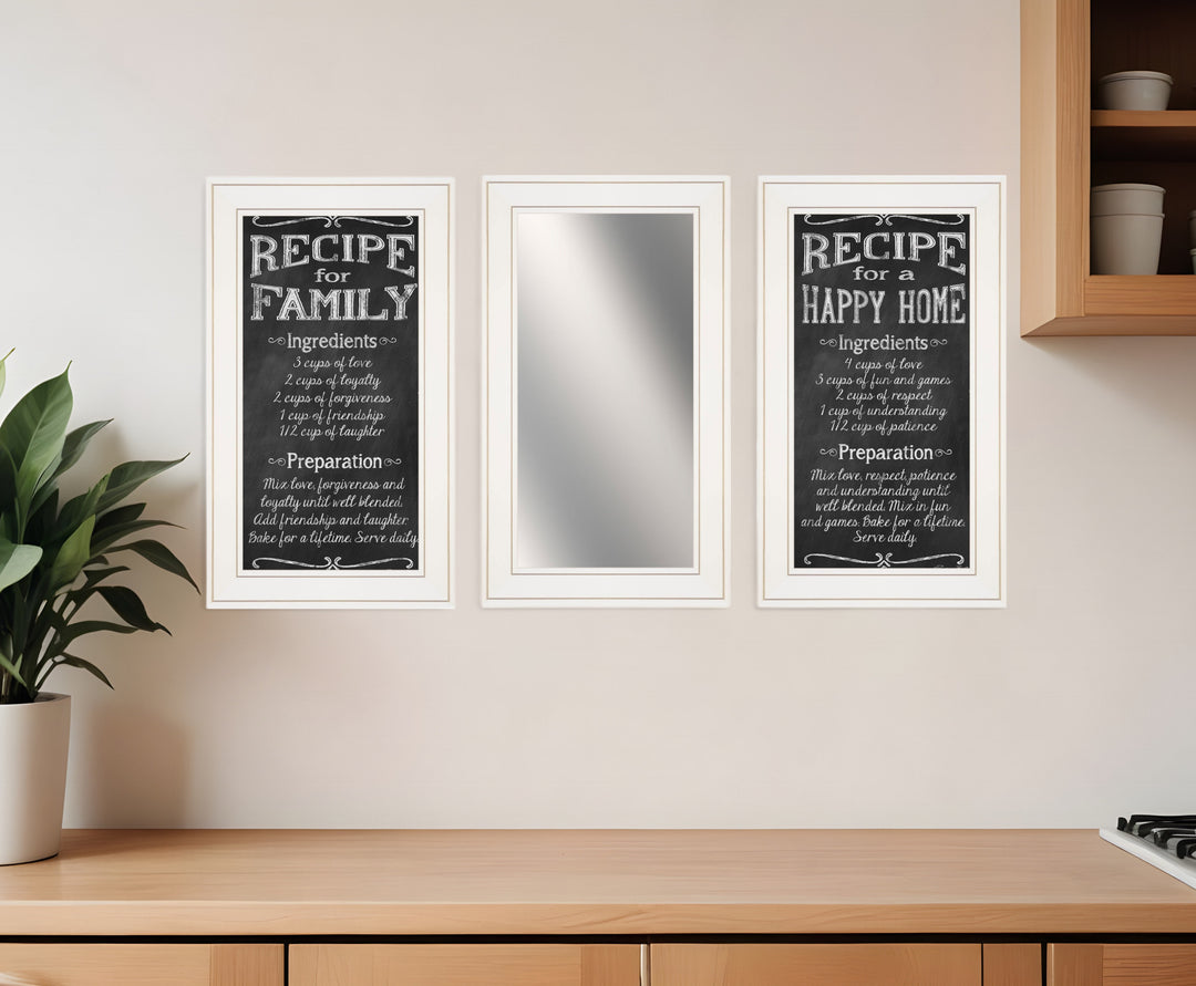 Set Of Three Family Recipe White Framed Kitchen Wall Art With Mirror