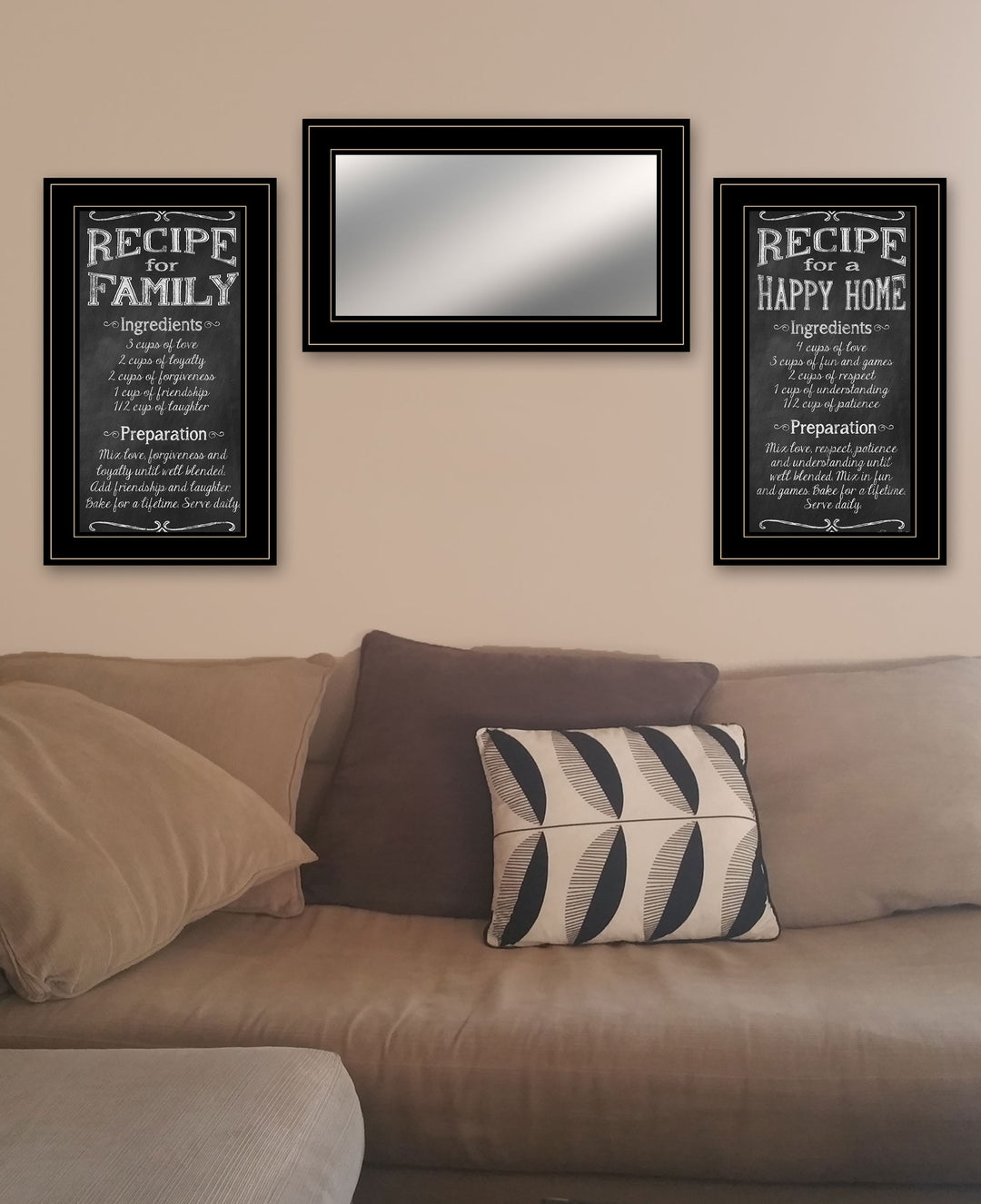 Set Of Three Family Recipe Black Framed Print Kitchen Wall Art And Mirror