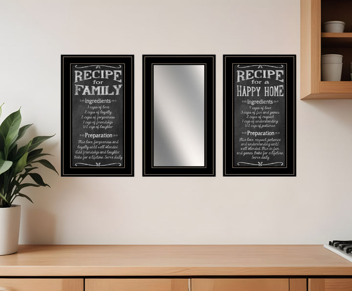 Set Of Three Family Recipe Black Framed Print Kitchen Wall Art And Mirror