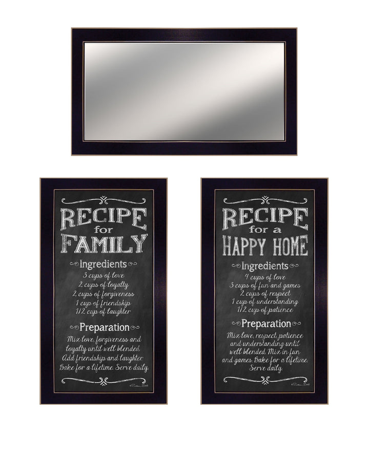 Set Of Three Family Recipe Black Framed Kitchen Wall Art With Mirror