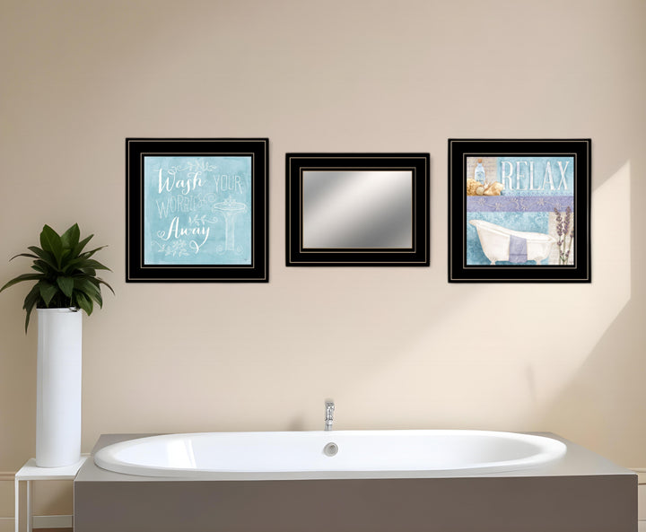 Set Of Three Wash Black Framed Bathroom Wall Art With Mirror