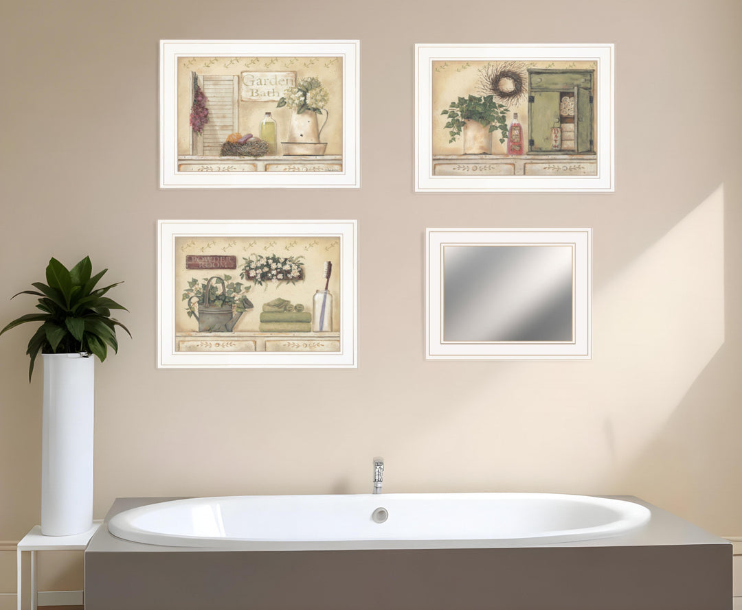 Set Of Four Garden Bath White Framed Bathroom Wall Art And Mirror