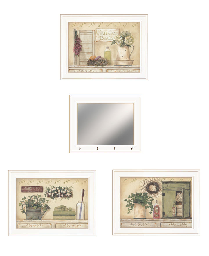 Set Of Four Garden Bath White Framed Bathroom Wall Art And Mirror With Hooks