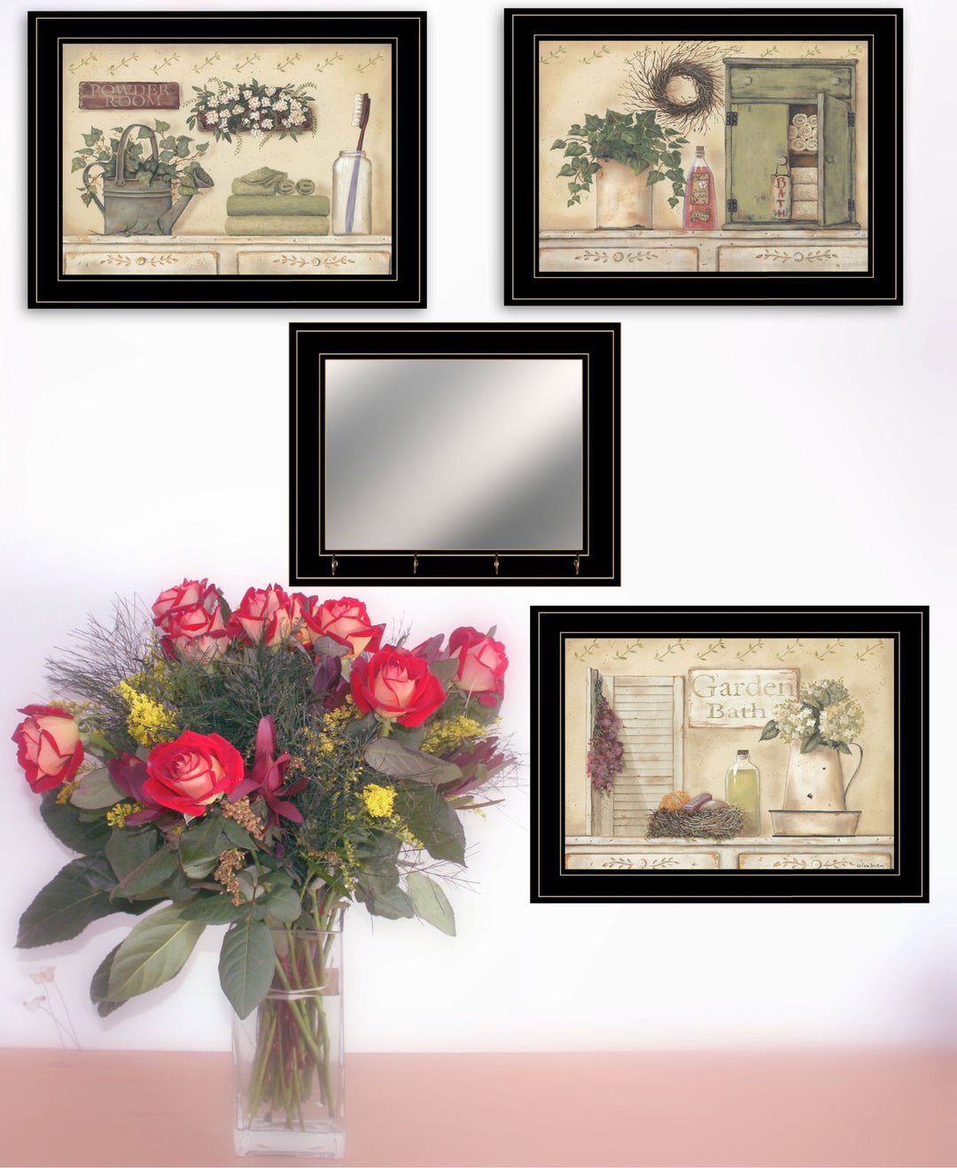 Set Of Four Garden Bath Black Framed Bathroom Wall Art And Mirror With Hooks