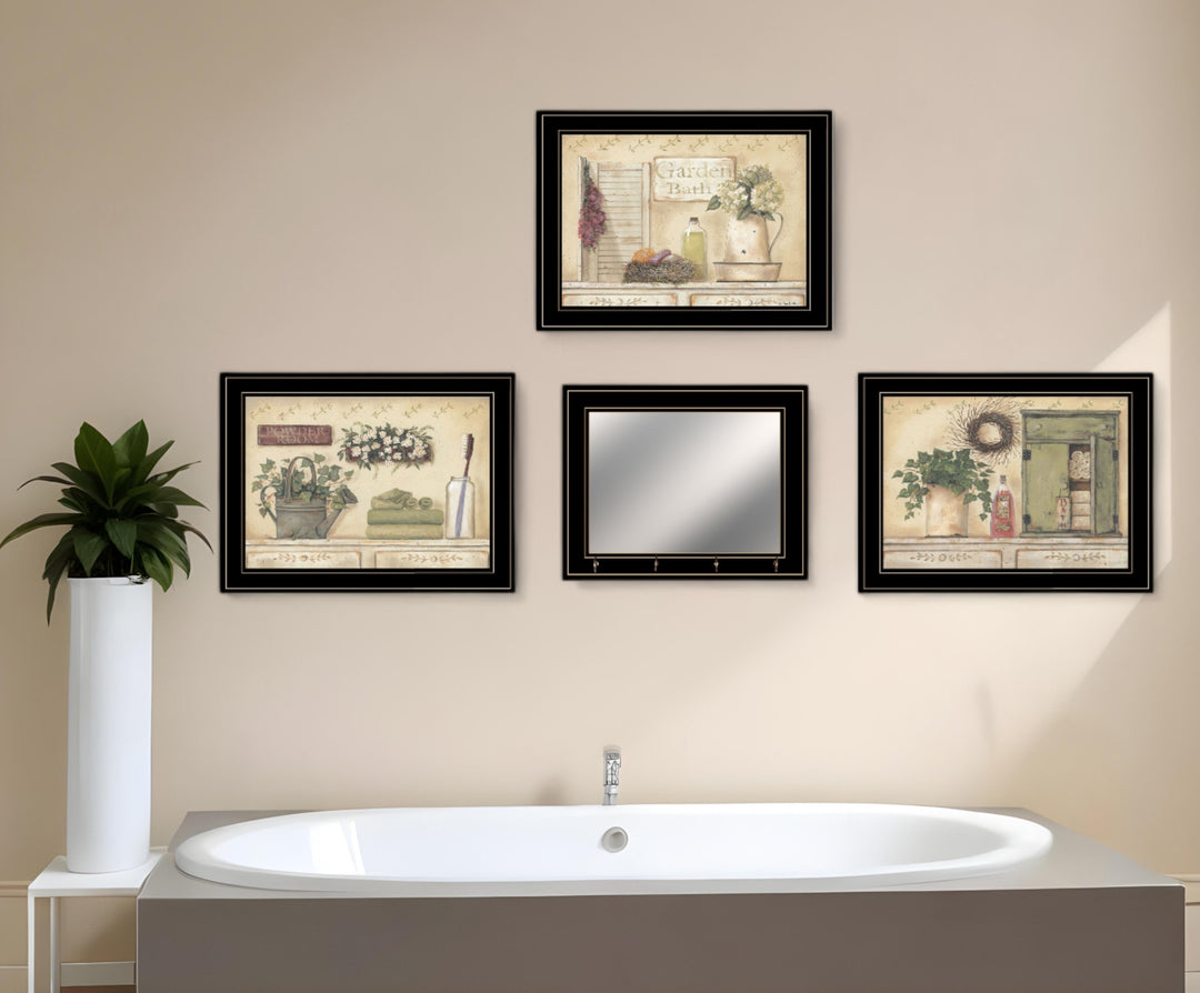 Set Of Four Garden Bath Black Framed Bathroom Wall Art And Mirror With Hooks