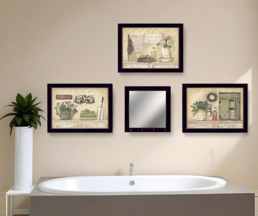 Set Of Four Garden Bath Black Framed Bathroom Wall Art And Mirror With Hooks