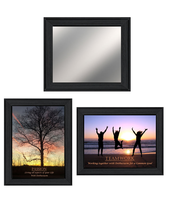 Set Of Three Passion and Teamwork Black Framed Wall Art With Mirror