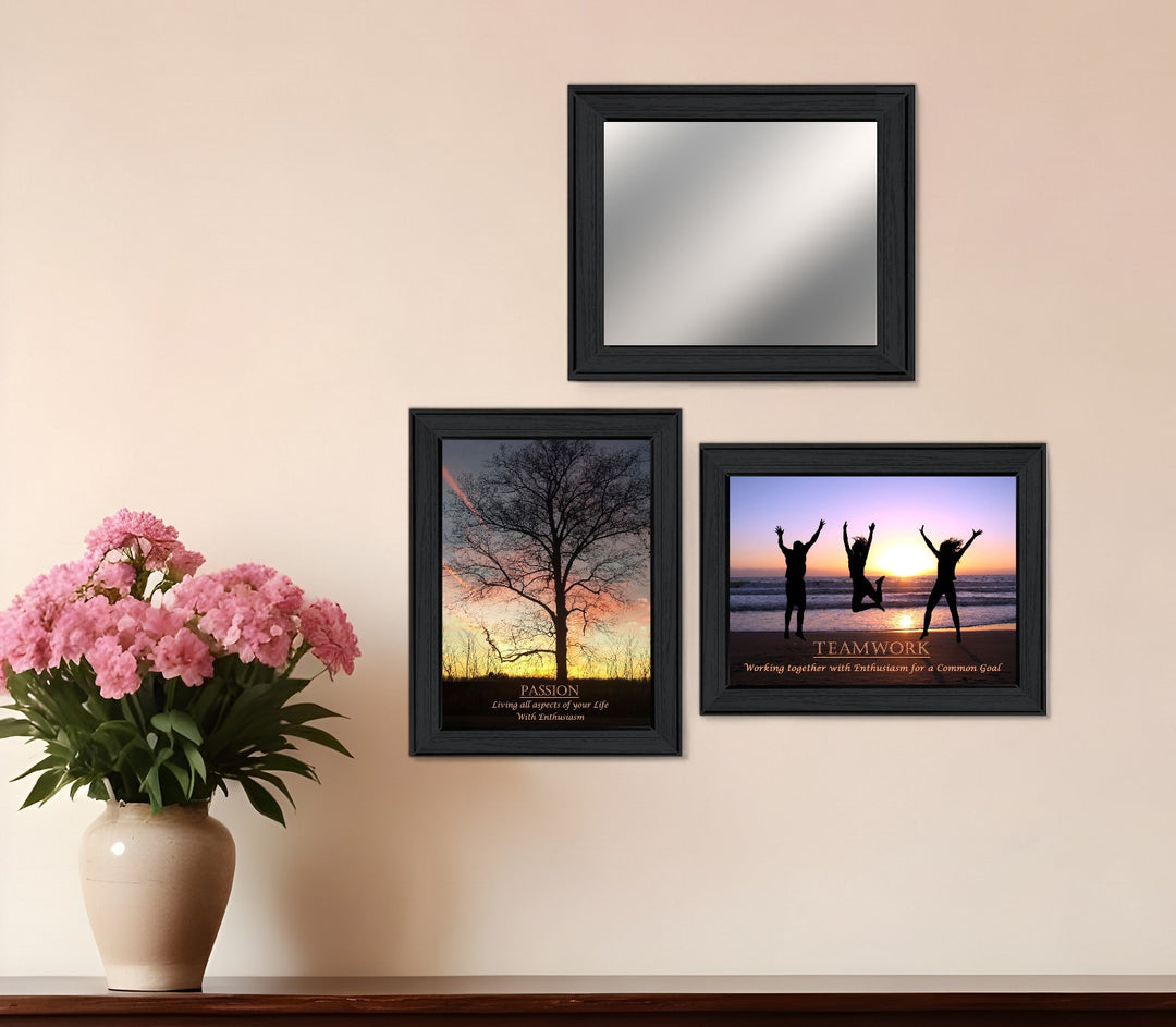 Set Of Three Passion and Teamwork Black Framed Wall Art With Mirror