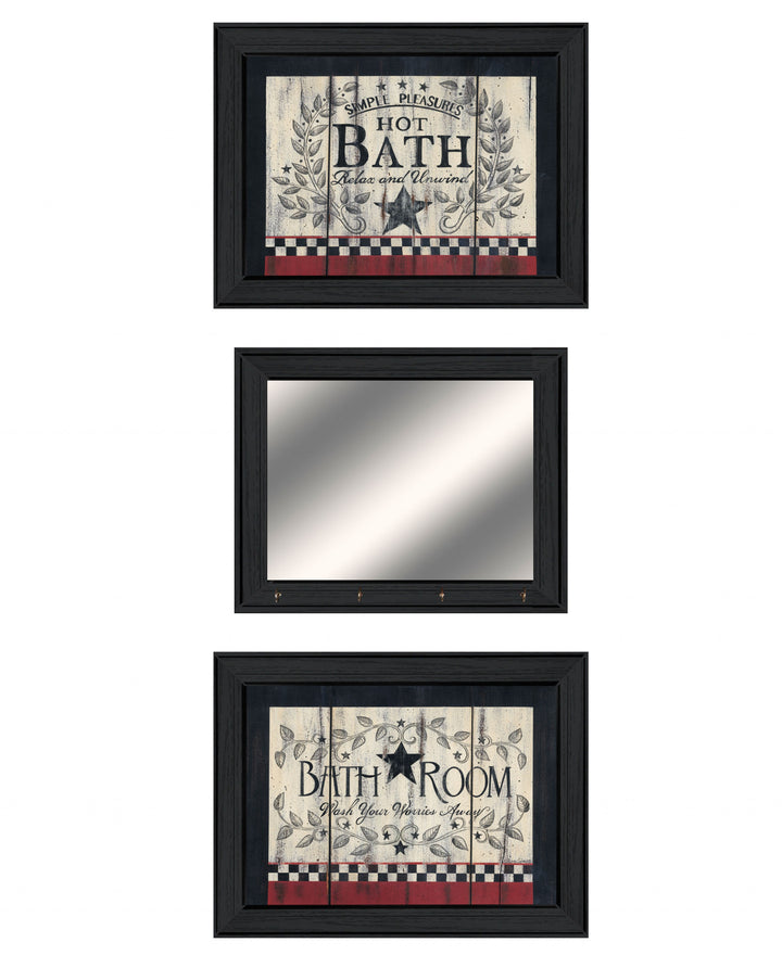 Set Of Three Americana Wash Room Black Frame Bathroom Wall Art with Mirror