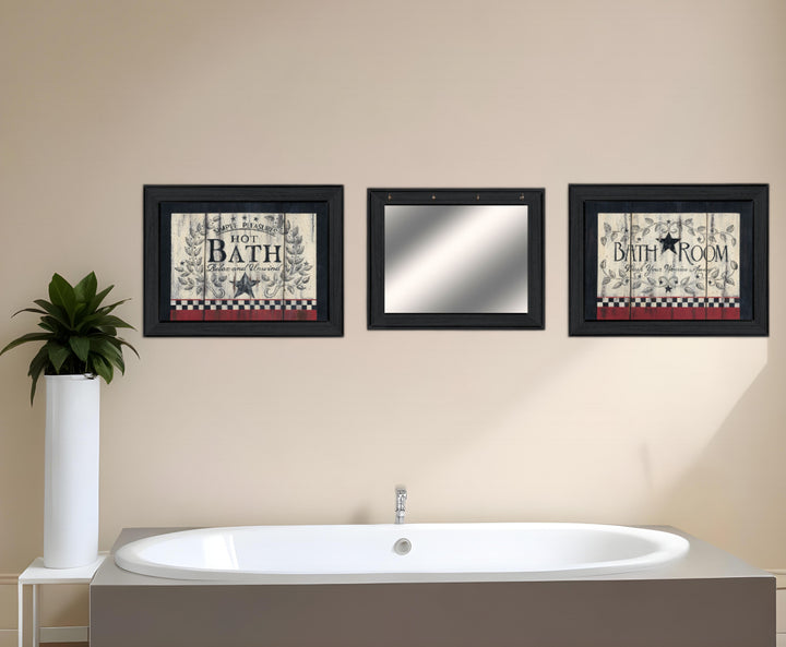 Set Of Three Americana Wash Room Black Frame Bathroom Wall Art with Mirror