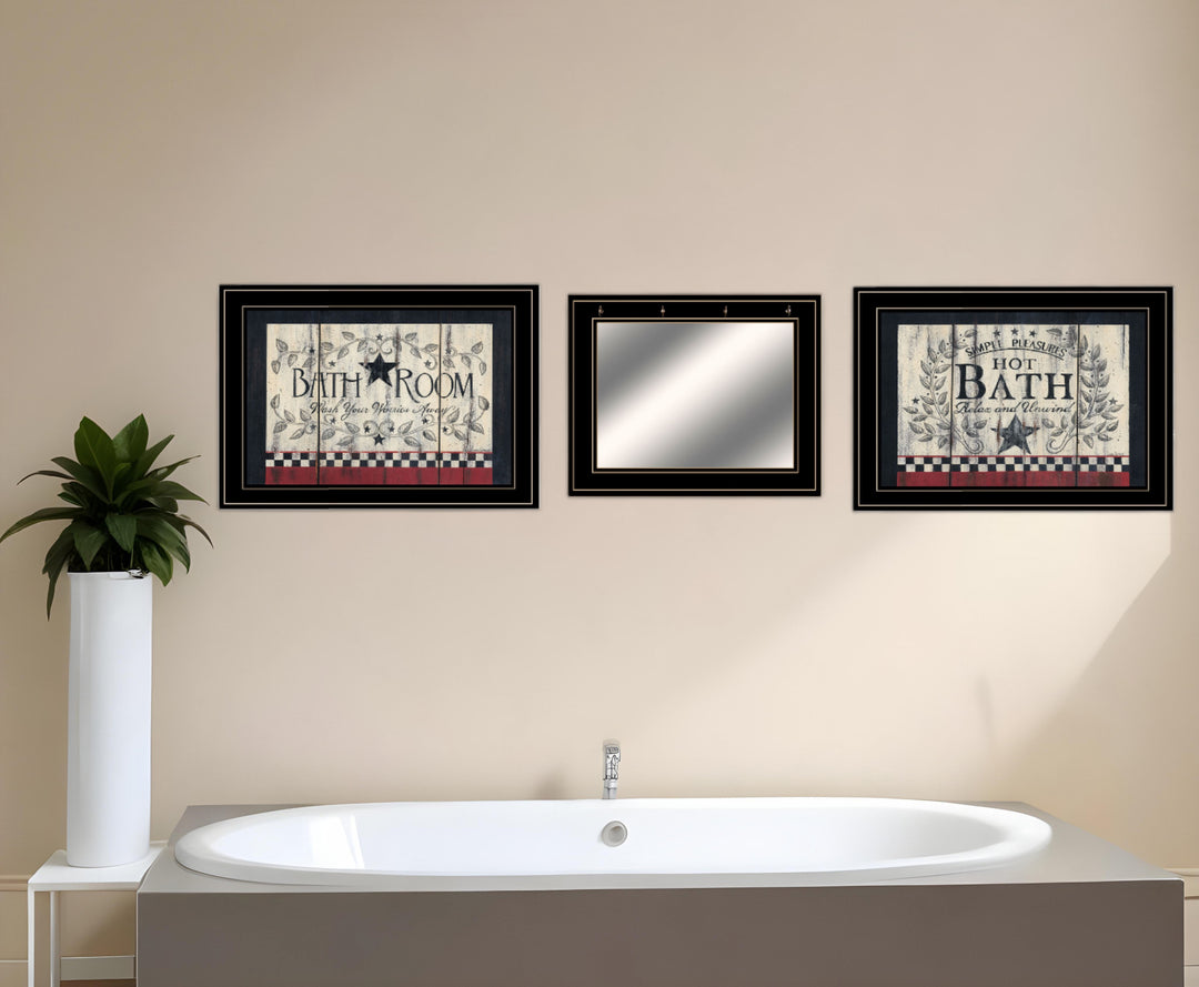 Set Of Three Hot Bath Black Framed Bathroom Wall Art With Mirror And Hooks