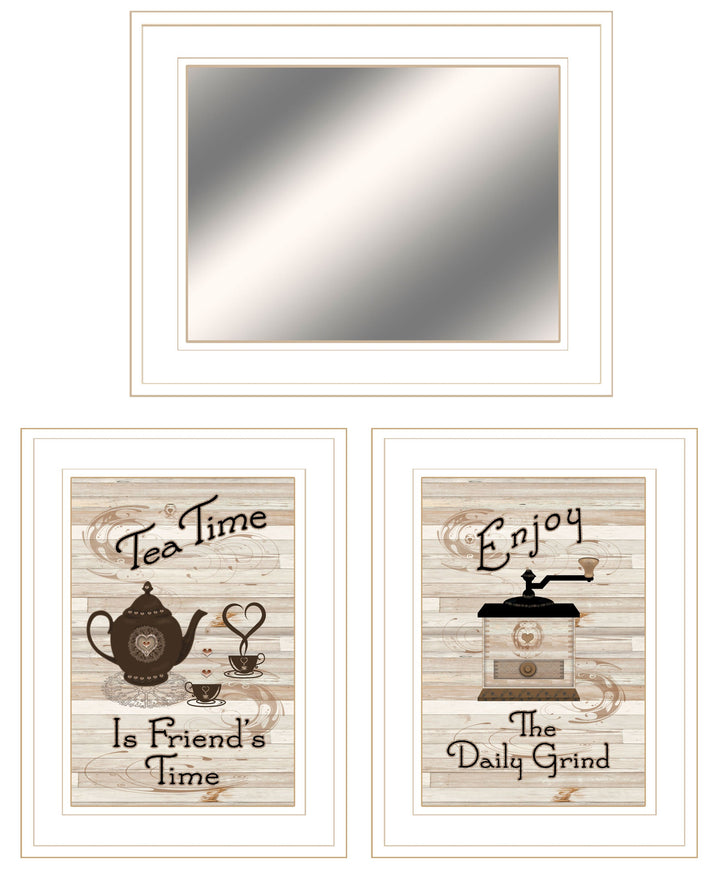 Set Of Three Coffee and Tea Time White Framed Print Kitchen Wall Art With Mirror