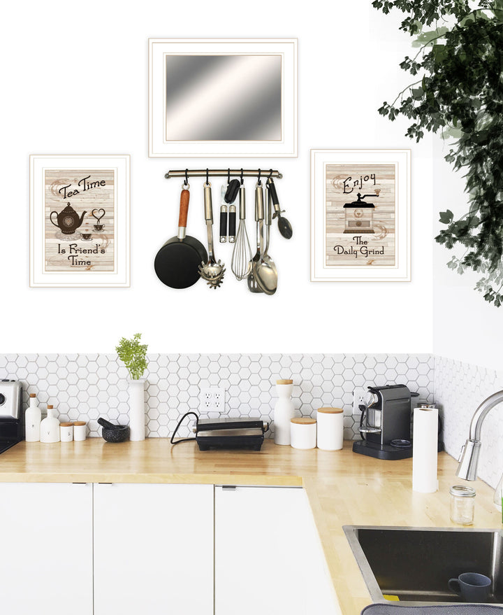 Set Of Three Coffee and Tea Time White Framed Print Kitchen Wall Art With Mirror