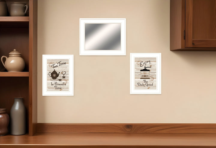 Set Of Three Coffee and Tea Time White Framed Print Kitchen Wall Art With Mirror