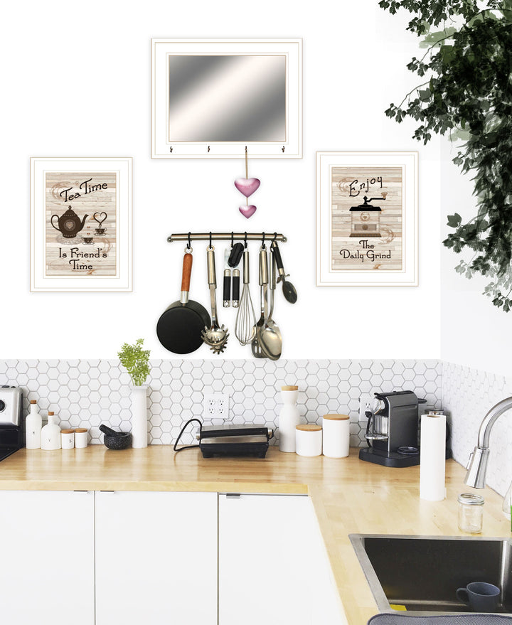 Set Of Three Coffee And Tea White Framed Kitchen Wall Art With Mirror And Hooks