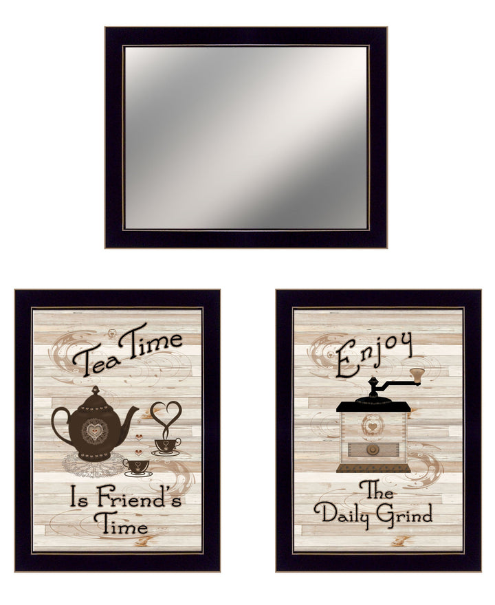 Set Of Three Coffee and Tea Time Black Framed Kitchen Wall Art With Mirror