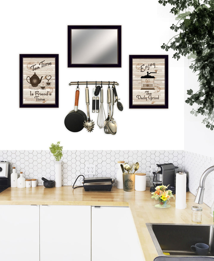 Set Of Three Coffee and Tea Time Black Framed Kitchen Wall Art With Mirror