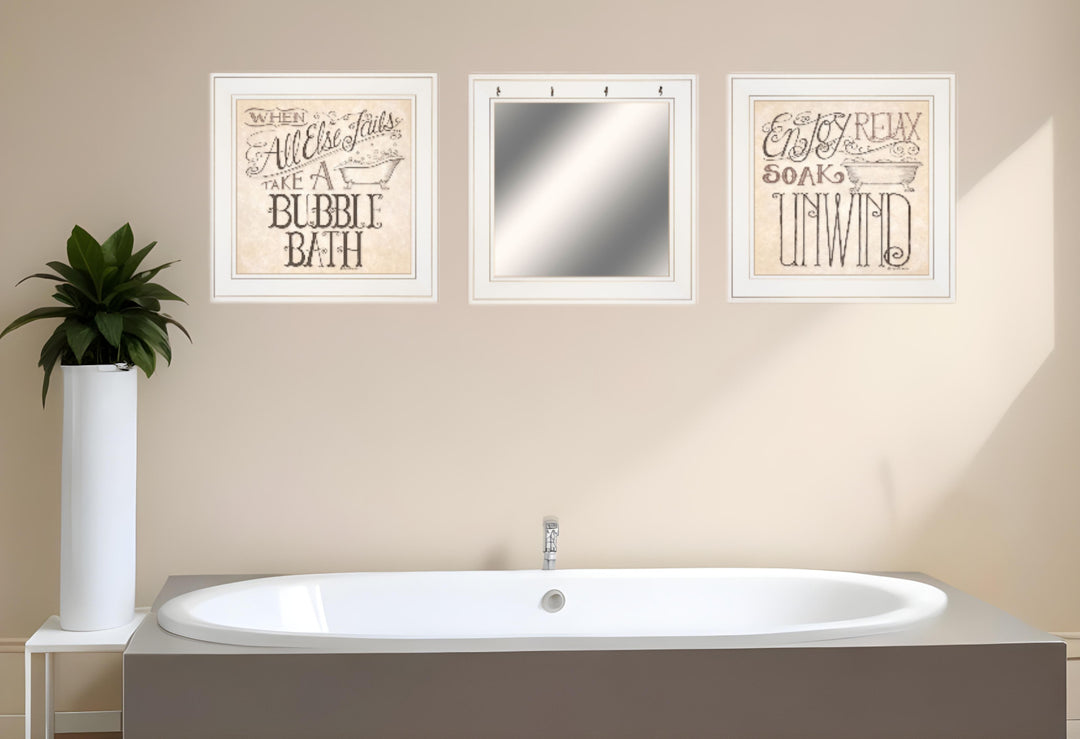 Set Of Three Soak and Unwind 2 White Framed Print Bathroom Wall Art