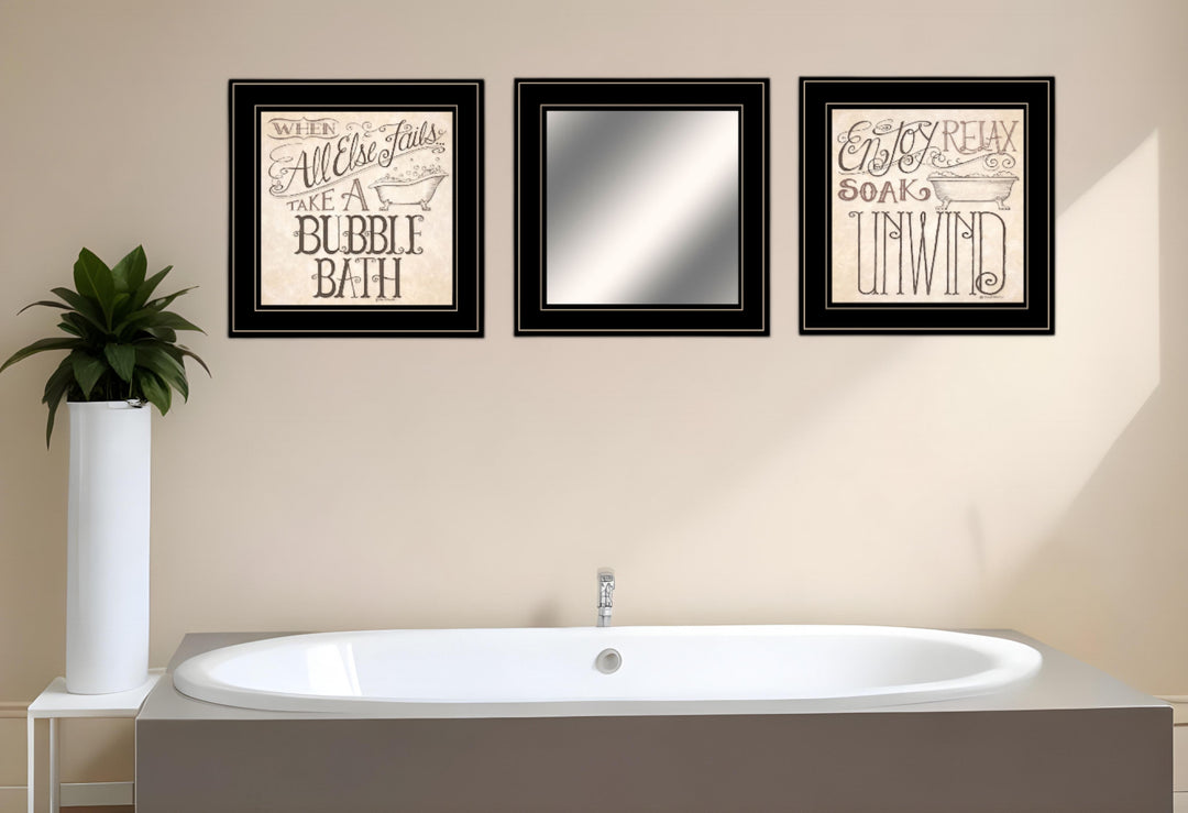 Set Of Three Soak and Unwind 4 Black Framed Print Bathroom Wall Art