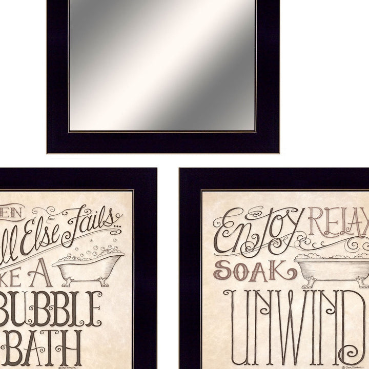 Set Of Three Soak and Unwind Black Framed Bathroom Wall Art With Mirror