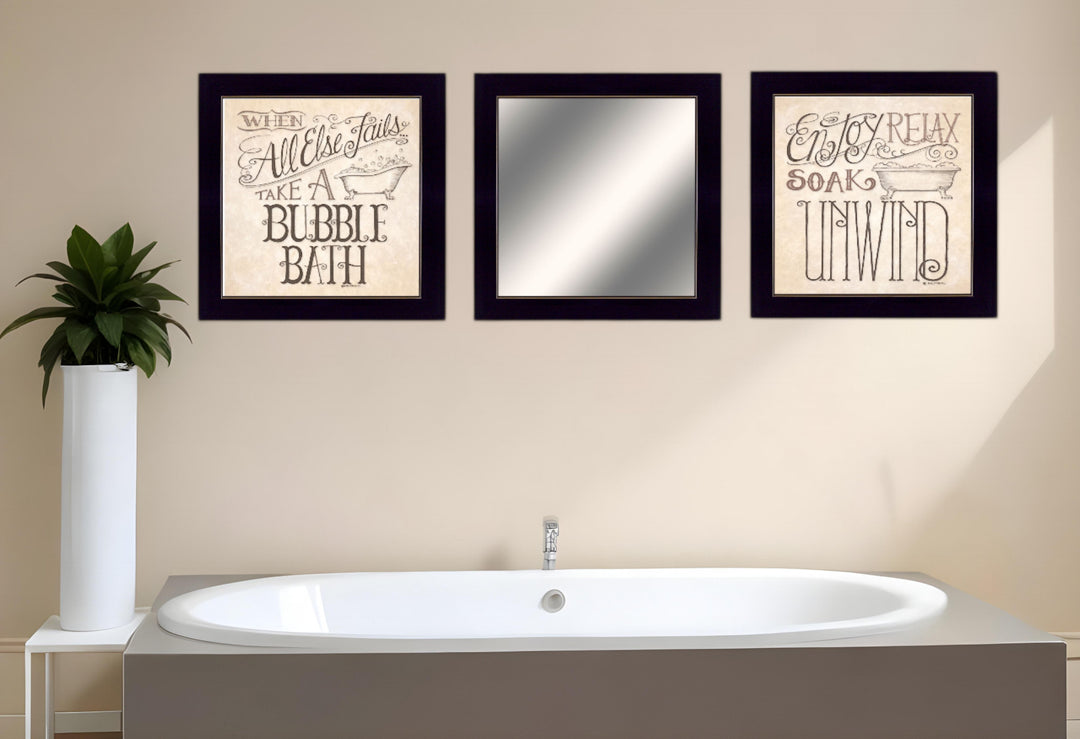 Set Of Three Soak and Unwind Black Framed Bathroom Wall Art With Mirror