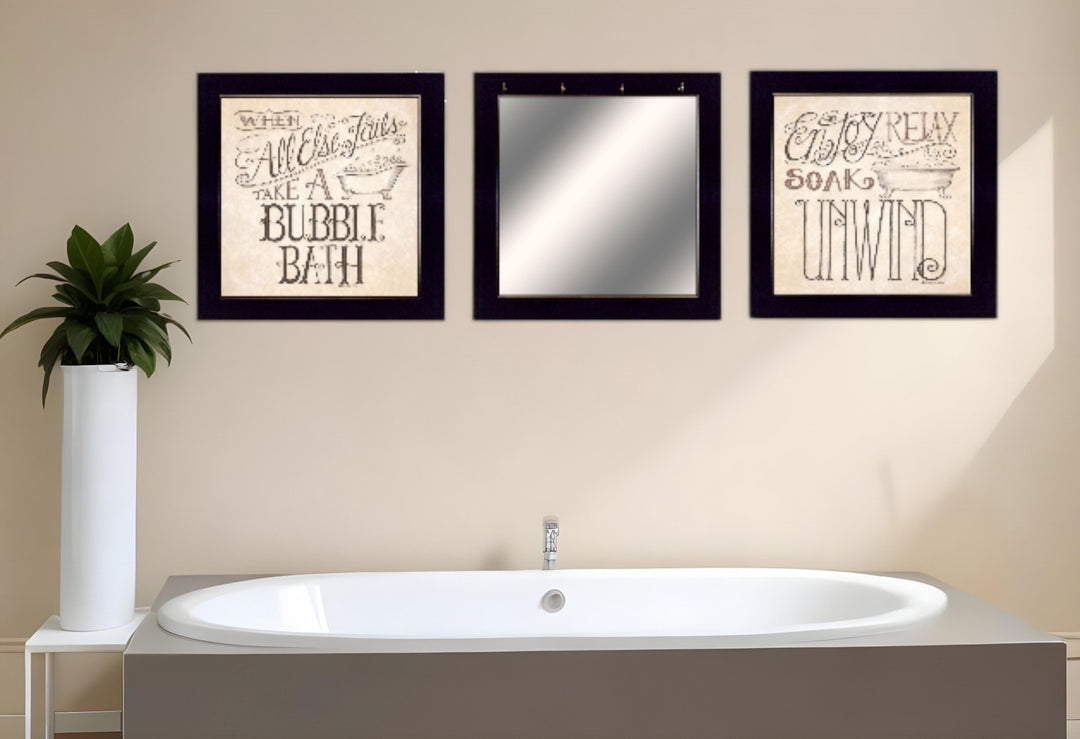 Set Of Three Soak and Unwind Black Framed Print Bathroom Wall Art