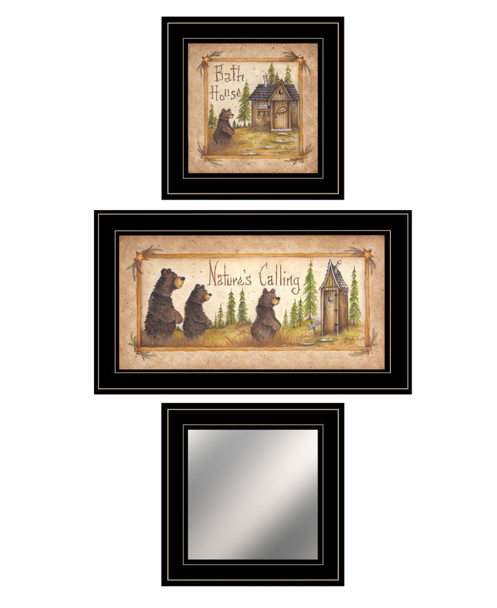 Set Of Three Natures Calling Black Framed Bathroom Wall Art With Mirror