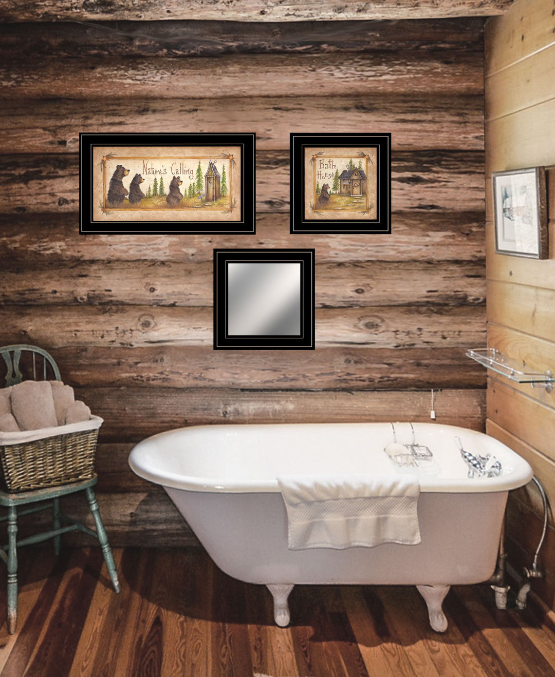 Set Of Three Natures Calling Black Framed Bathroom Wall Art With Mirror