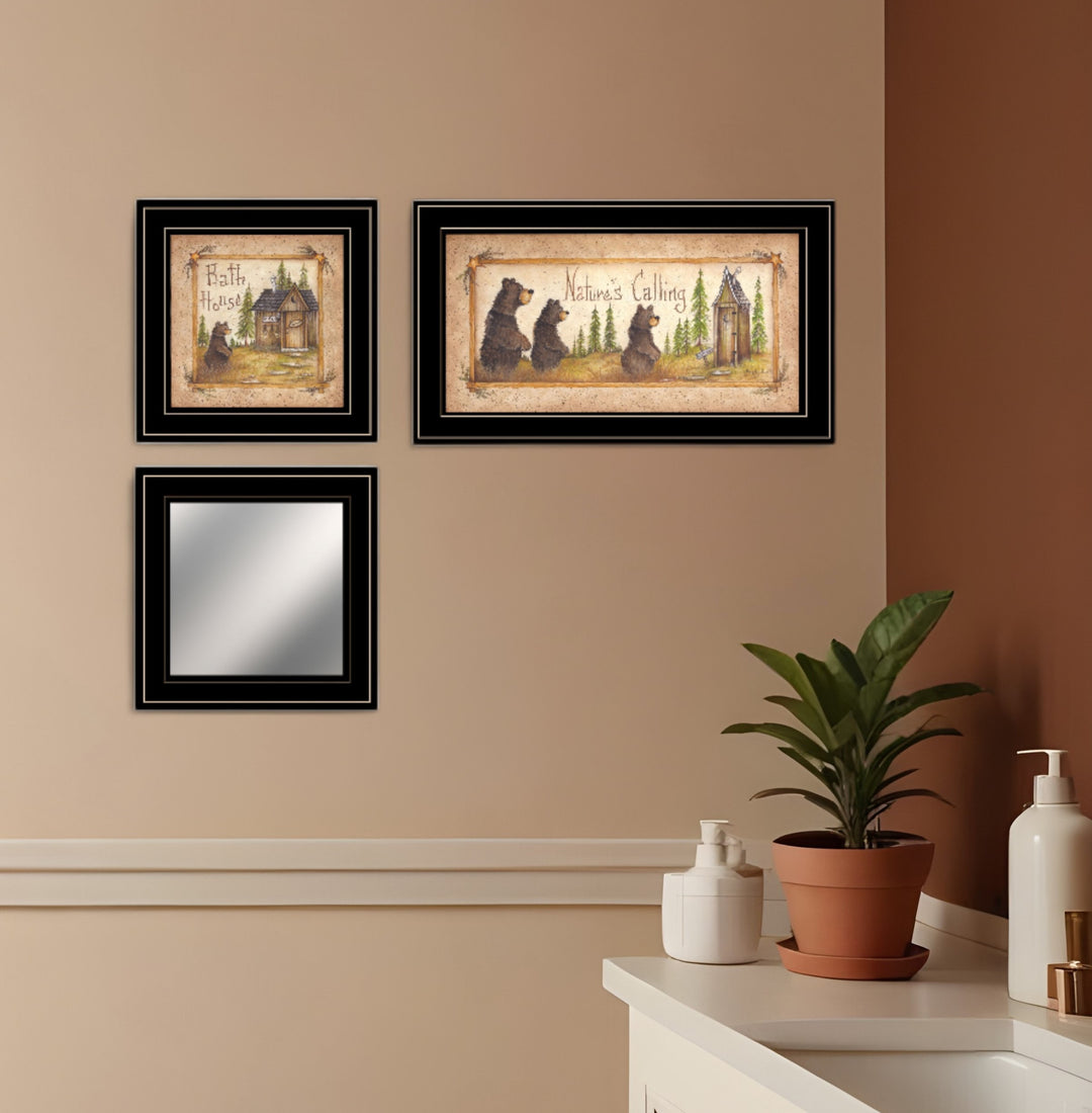 Set Of Three Natures Calling Black Framed Bathroom Wall Art With Mirror