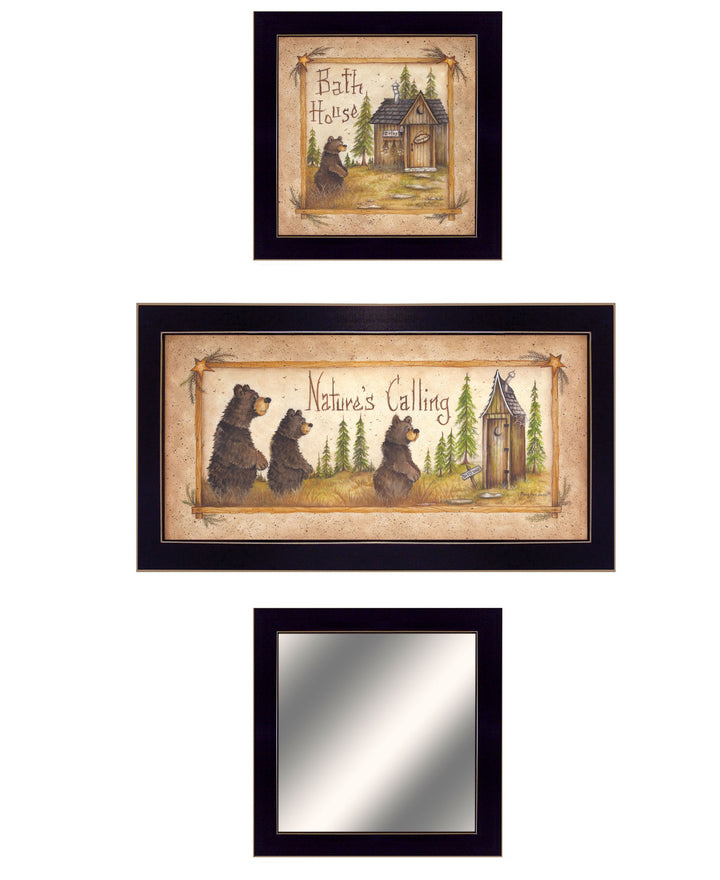 Set Of Three Natures Calling Black Framed Bathroom Wall Art With Mirror