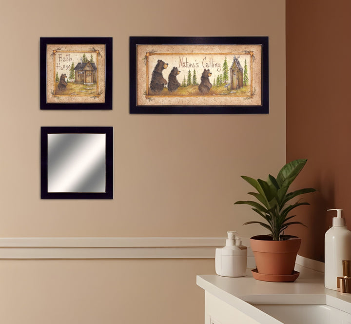 Set Of Three Natures Calling Black Framed Bathroom Wall Art With Mirror