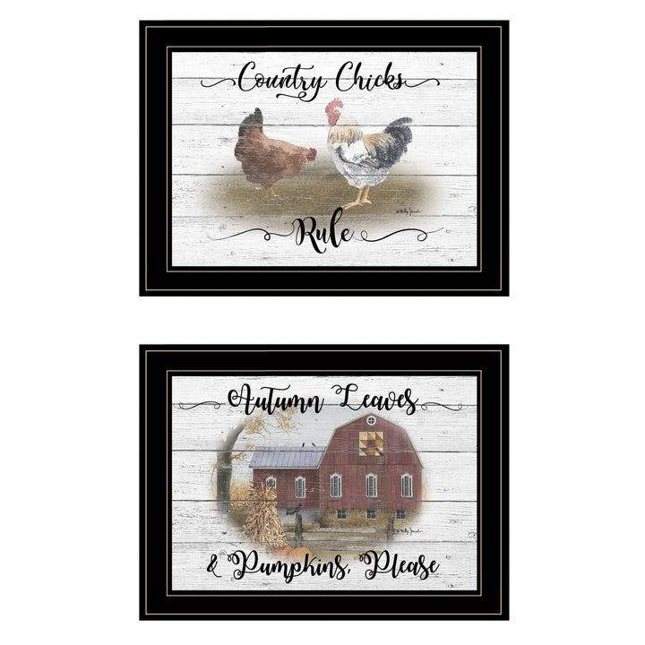 Set Of Two Chickens and Autumn Black Framed Print Wall Art