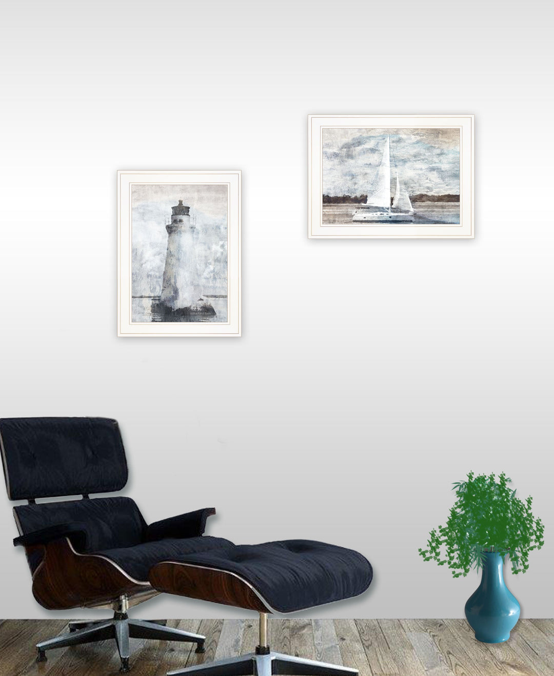 Set Of Two Lighthouse Sailboat 1 White Framed Print Wall Art