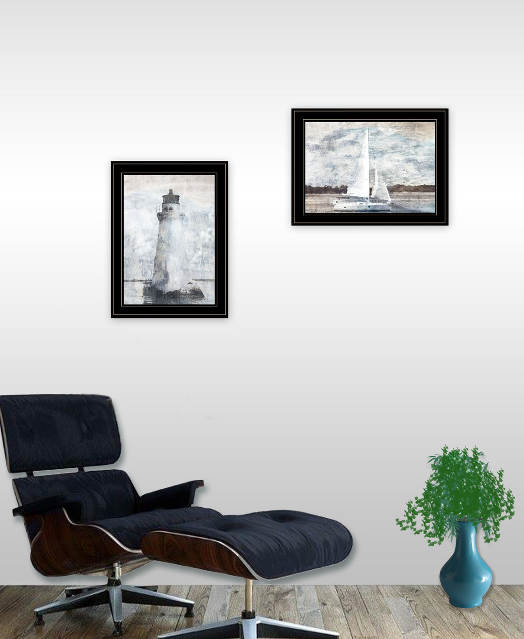 Set Of Two Lighthouse Sailboat 2 Black Framed Print Wall Art