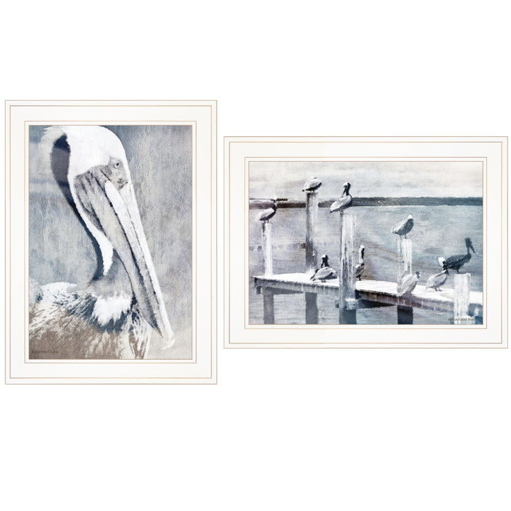 Set Of Two Pelican Party White Framed Coastal Wall Art