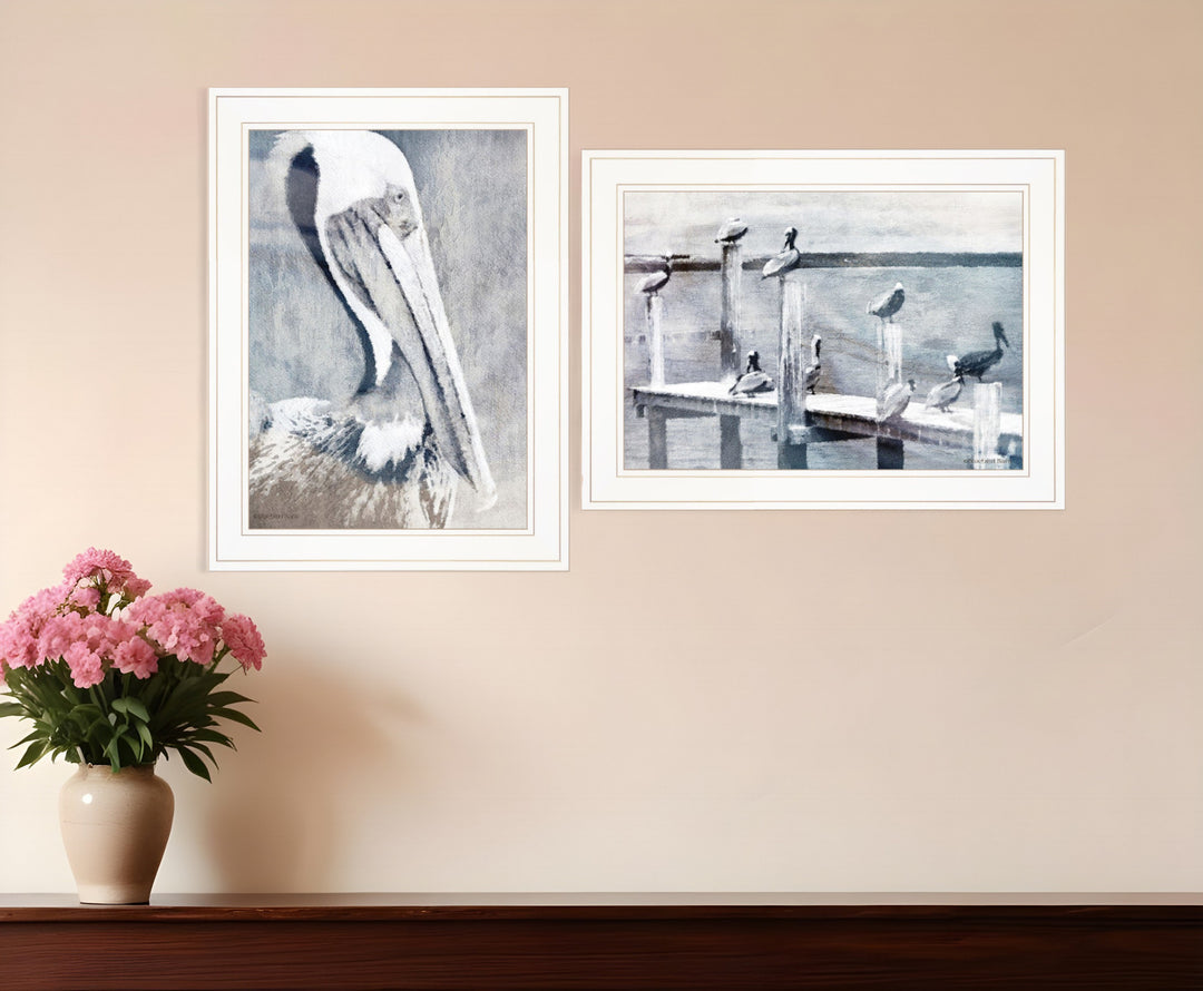 Set Of Two Pelican Party White Framed Coastal Wall Art