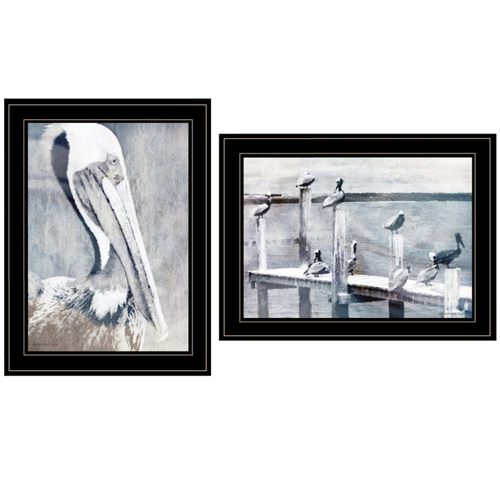 Set Of Two Pelican Party Black Framed Coastal Wall Art