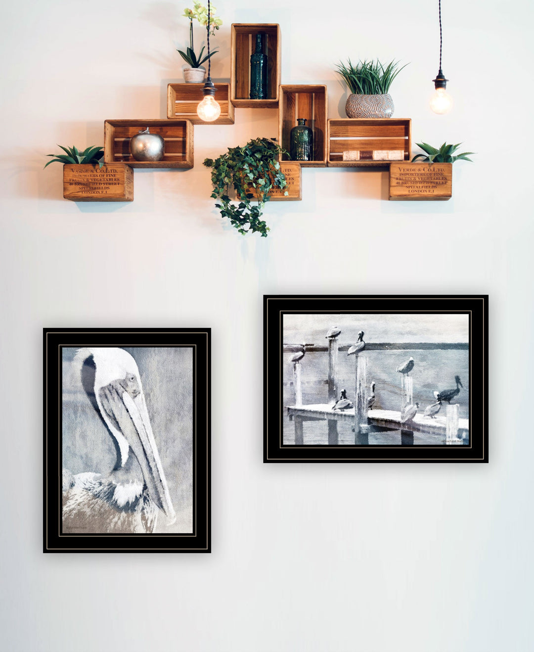 Set Of Two Pelican Party Black Framed Coastal Wall Art