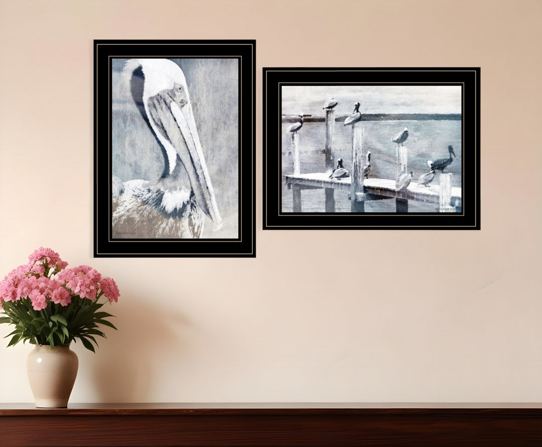 Set Of Two Pelican Party Black Framed Coastal Wall Art