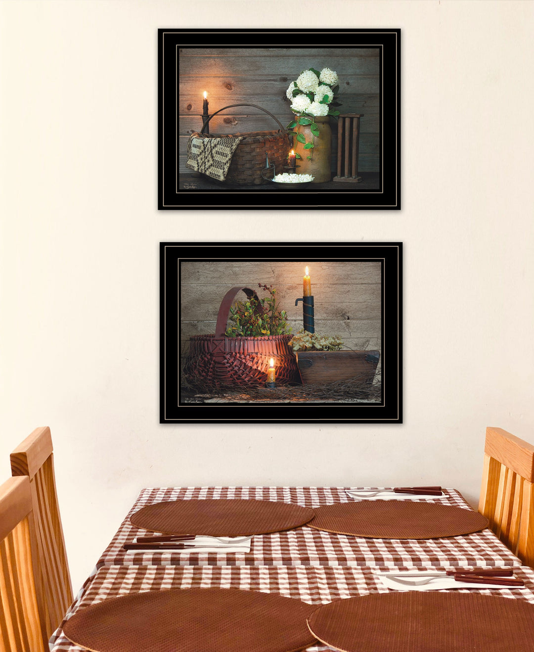 Set Of Two Baskets and Flowers Black Framed Print Wall Art