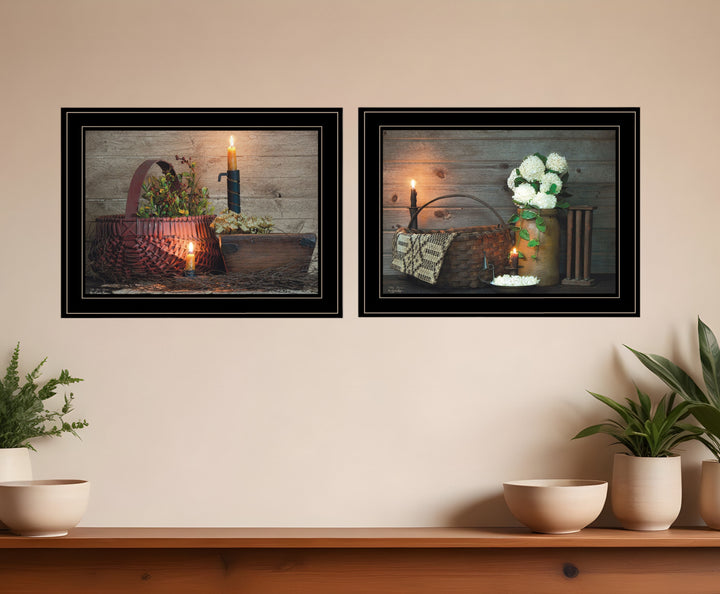 Set Of Two Baskets and Flowers Black Framed Print Wall Art